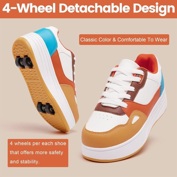 Kids Yellow/orange/white Detachable Wheeled 2 In 1 Skating Shoes Fashion Sneaker - Picture 3 of 7